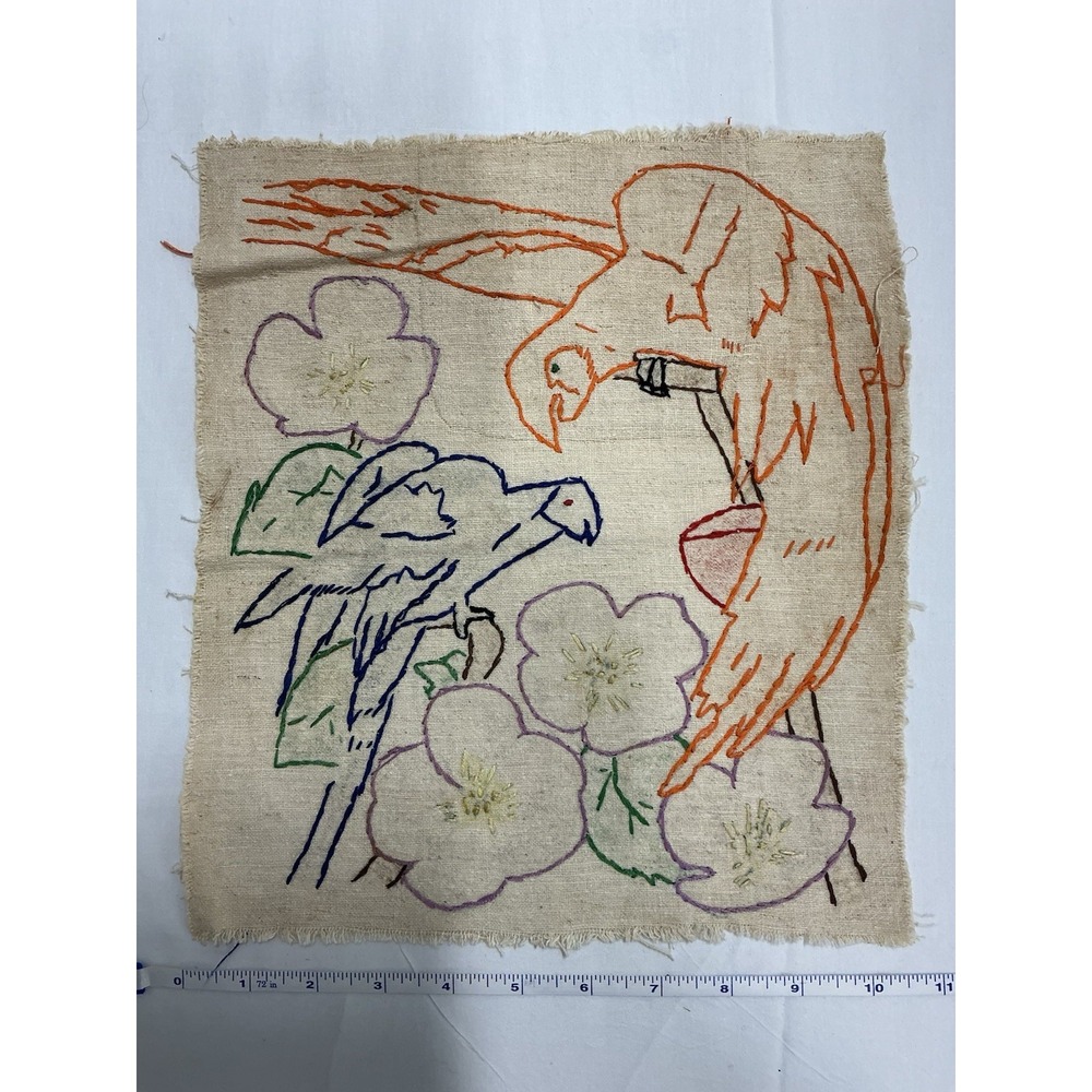 VTG hand-embroidered fabric panel featuring bird and floral motifs 12in X 10in